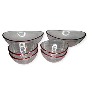 Red Rimmed Clear Plastic Oval Bowls 2 Large 4 Small
